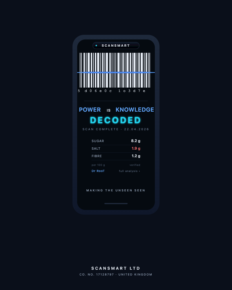 A scanned phone-card visual for ScanSmart — the canonical Hero v16 brand masthead, showing the canonical bar pattern, serial, and the wordmark POWER IS KNOWLEDGE DECODED